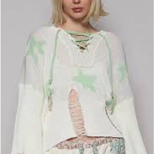 POL White and Green Lace-Up V-Neck Sweater